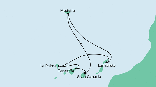 西非海岸的璀璨明珠—AIDA加那利马德拉巡航 行程安排路线图