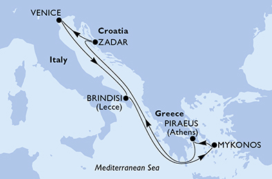MSC爱琴海亚得里亚海8日巡游 行程安排路线图
