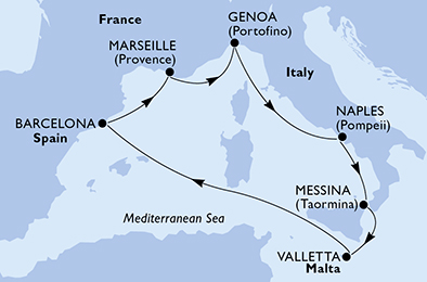欧罗巴号地中海西岸蓝色经典环游 行程安排路线图